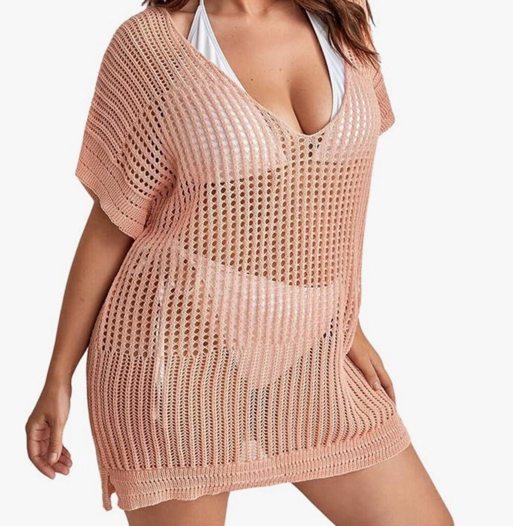NWOT Womens Short Sleeve Bikini Cover Up V Neck Crochet Knit Beach Dress Pink
